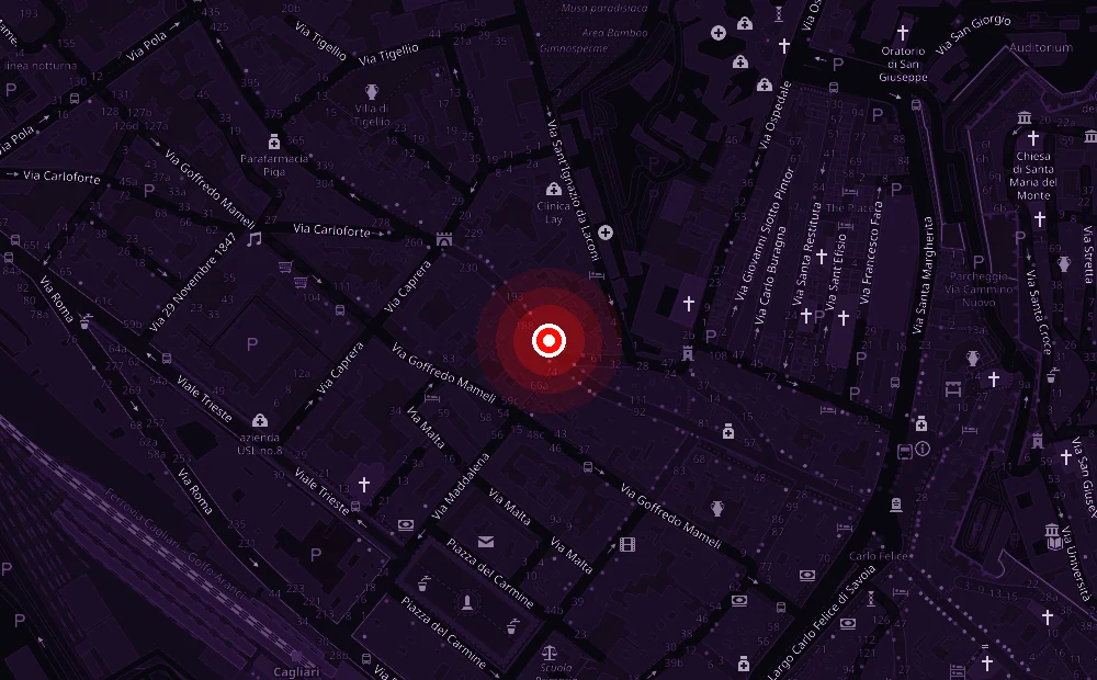 Mappa del centro di Cagliari con il punto dell'Eight Rock Pub in Corso Vittorio Emanuele II 155